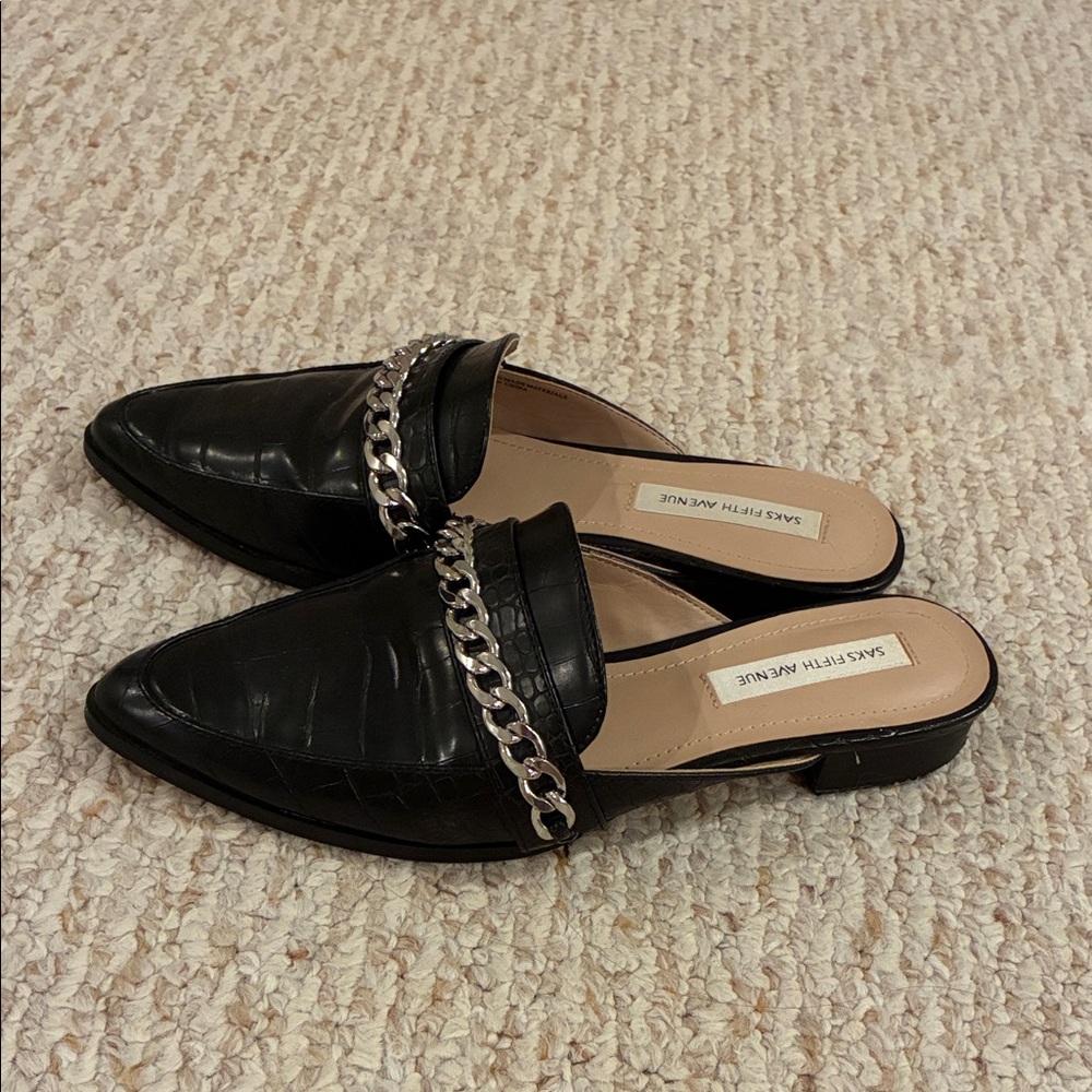 Saks Fifth Avenue Black Leather Pointed Chain-Trim Mule
